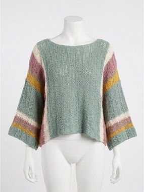 By Together Relaxed Boxy Open Knit Sweater Sage Green Striped Boho Bell Sleeve